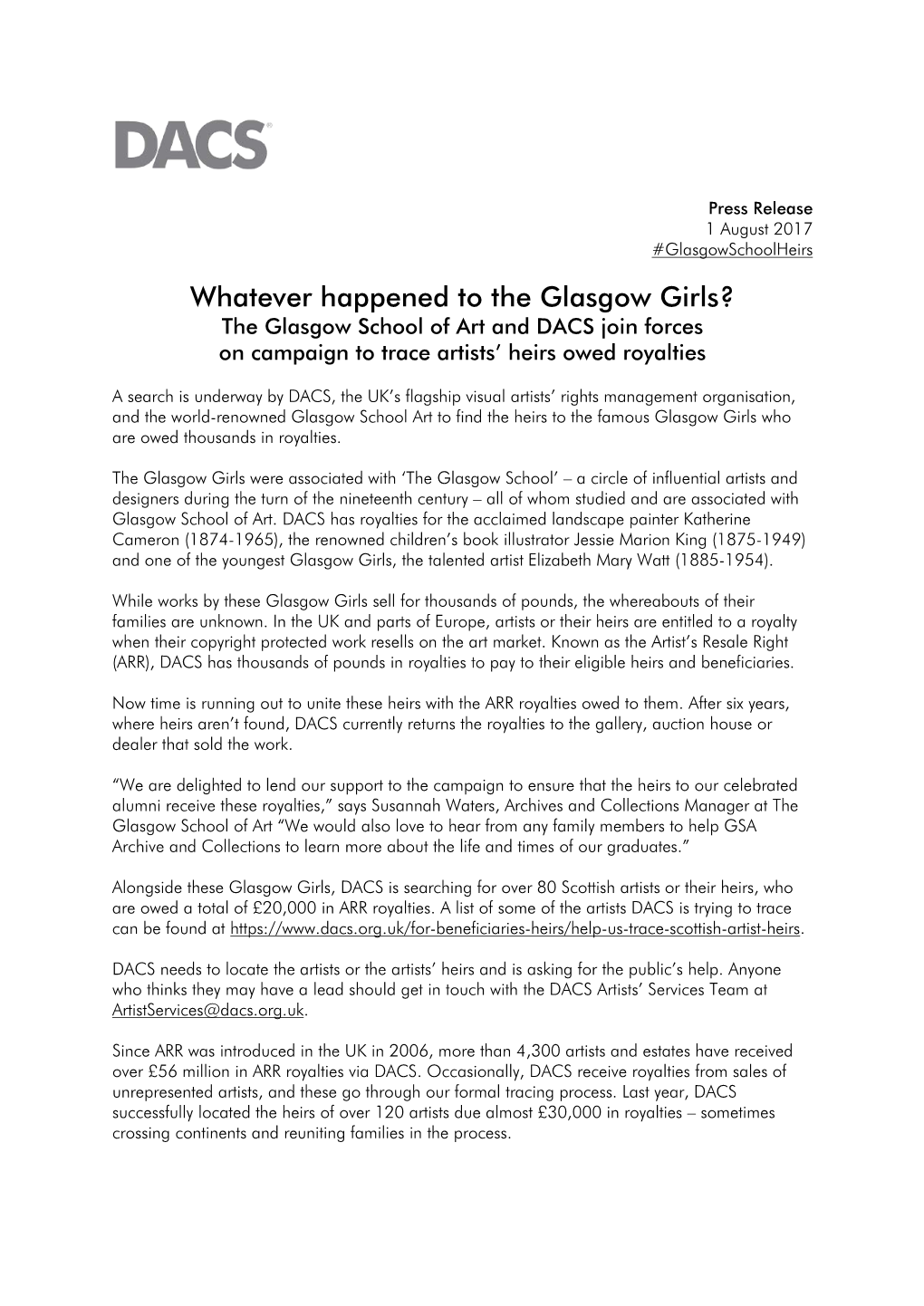 Whatever Happened to the Glasgow Girls? the Glasgow School of Art and DACS Join Forces on Campaign to Trace Artists’ Heirs Owed Royalties