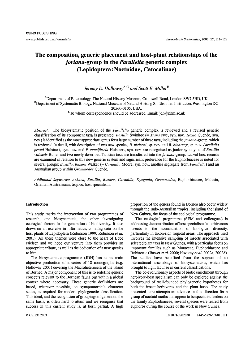 Parallelia Generic Complex (Lepidoptera : Noctuidae, Catocalinae)