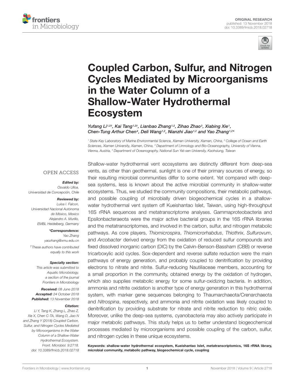 Coupled Carbon, Sulfur, and Nitrogen Cycles Mediated by Microorganisms in the Water Column of a Shallow-Water Hydrothermal Ecosystem