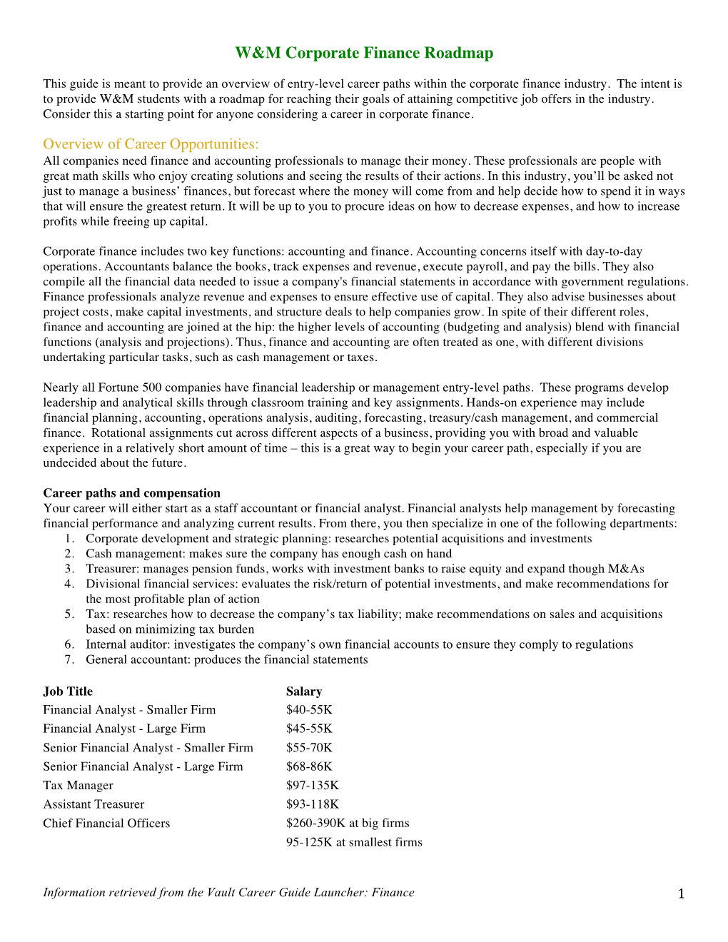 W&M Corporate Finance Roadmap