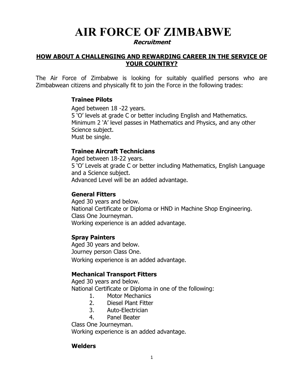 Air Force of Zimbabwe Recruitment Advert 2021