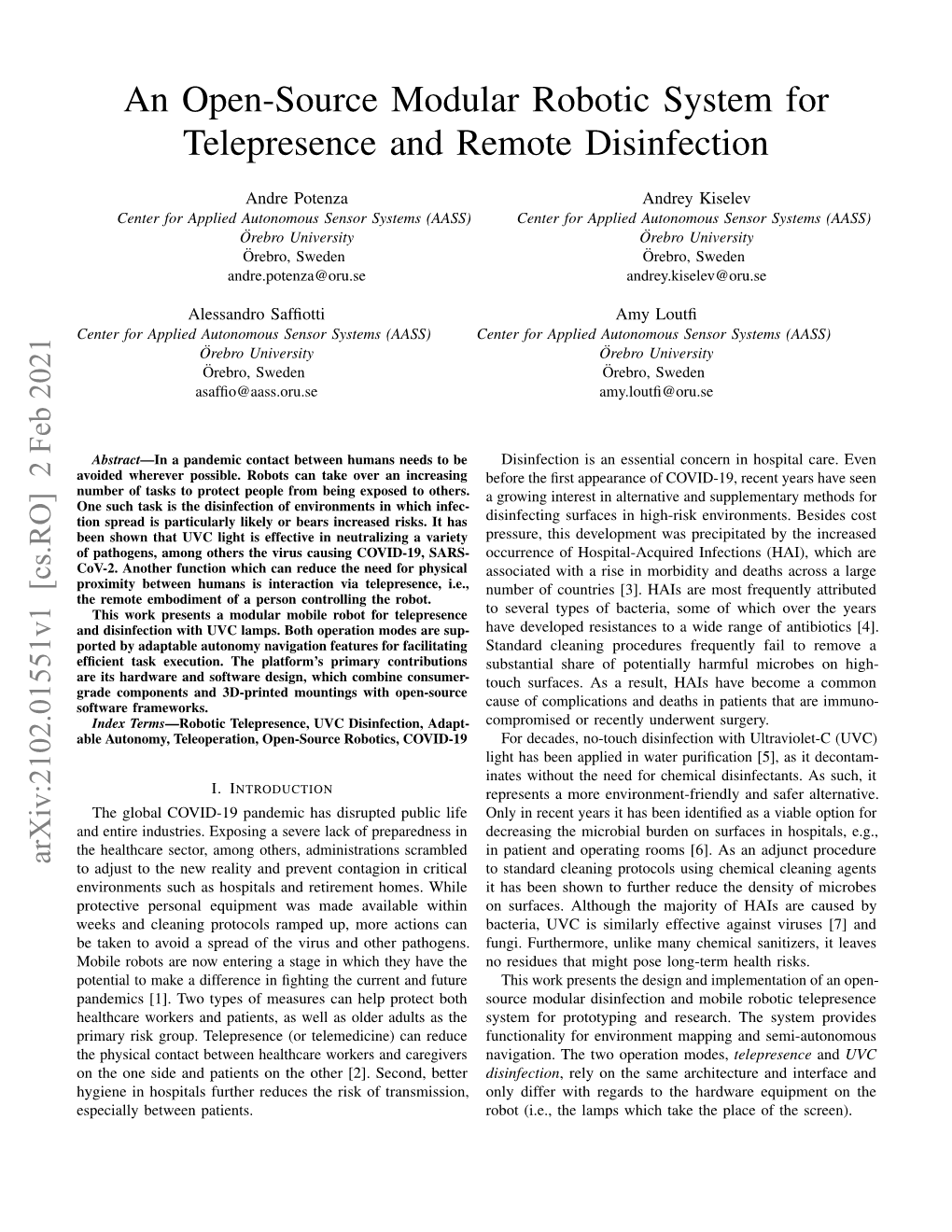 An Open-Source Modular Robotic System for Telepresence and Remote Disinfection