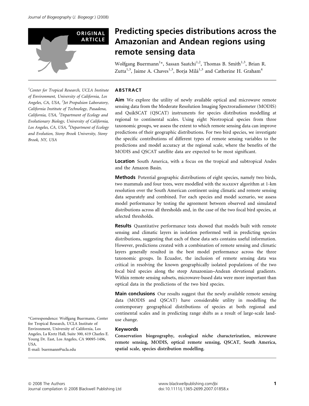 Predicting Species Distributions Across the Amazonian and Andean Regions Using Remote Sensing Data