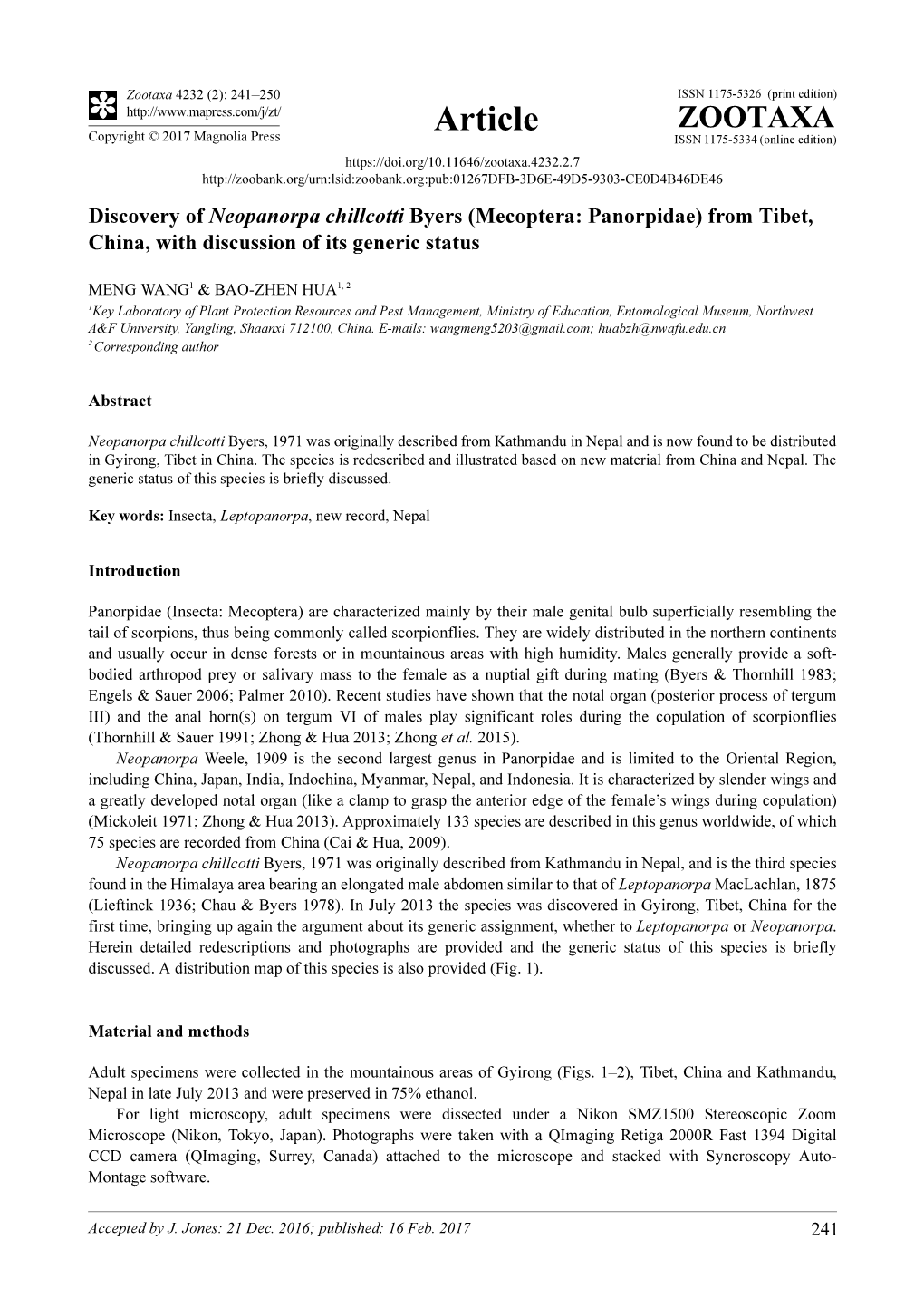 Discovery of Neopanorpa Chillcotti Byers (Mecoptera: Panorpidae) from Tibet, China, with Discussion of Its Generic Status