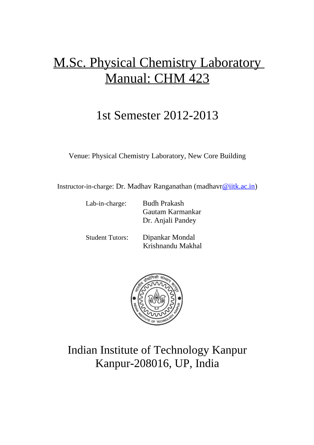 M.Sc. Physical Chemistry Laboratory Manual: CHM 423