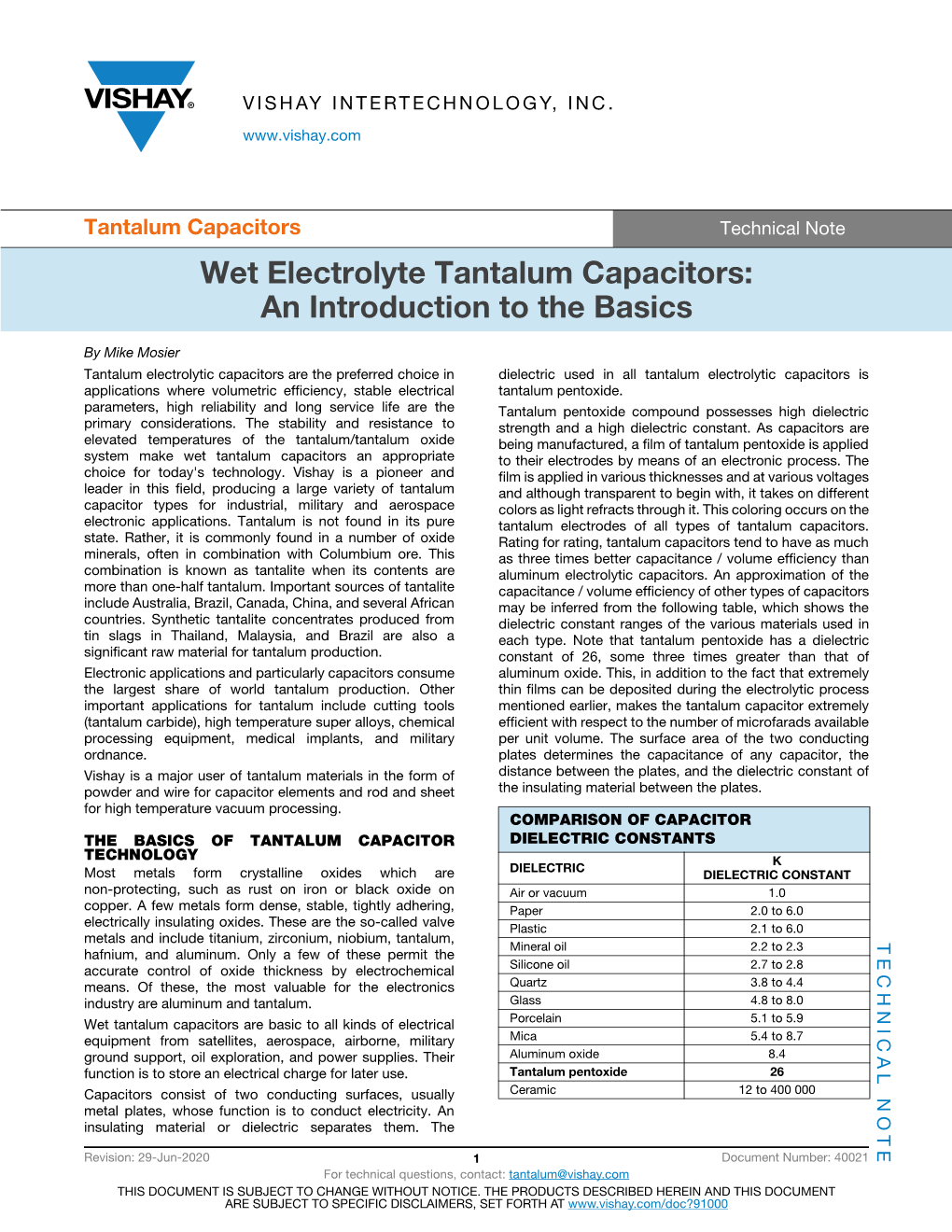 Wet Electrolyte Tantalum Capacitors: an Introduction to the Basics