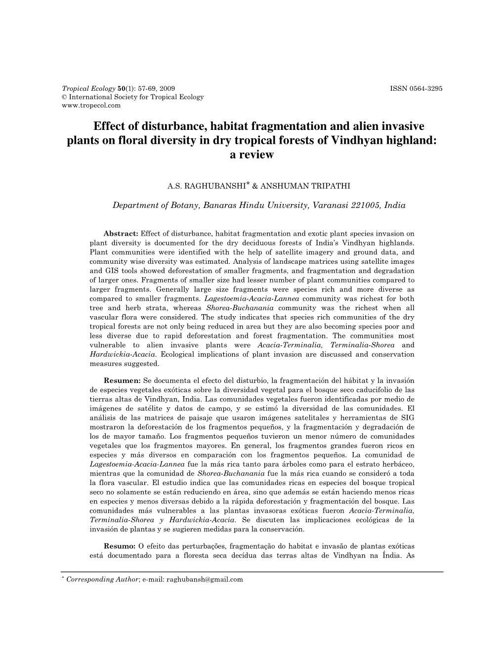 Effect of Disturbance, Habitat Fragmentation and Alien Invasive Plants on Floral Diversity in Dry Tropical Forests of Vindhyan Highland: a Review