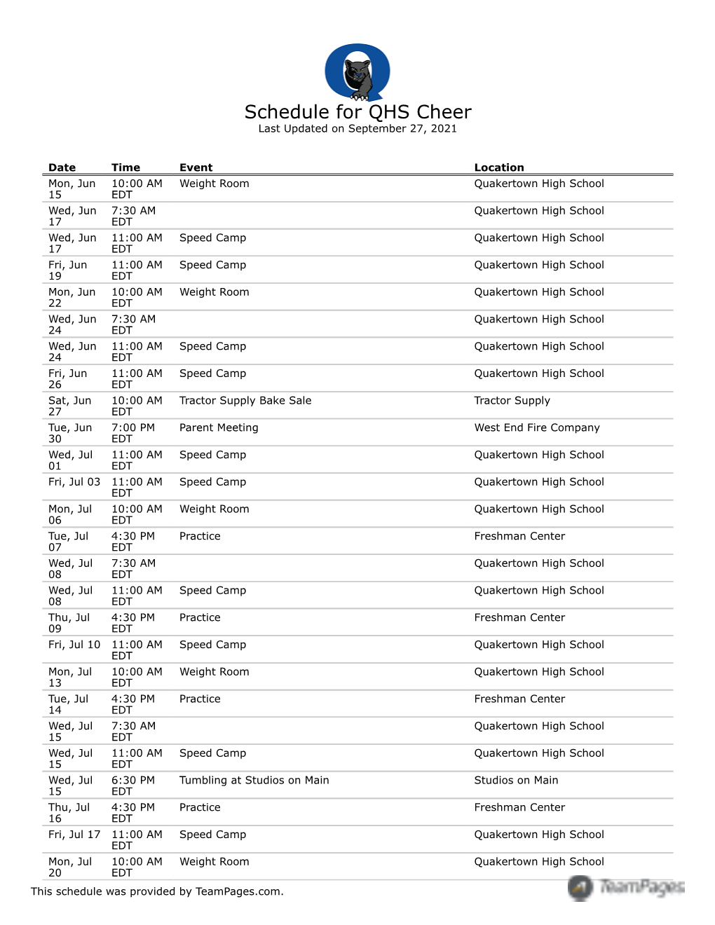 Schedule for QHS Cheer Last Updated on September 27, 2021