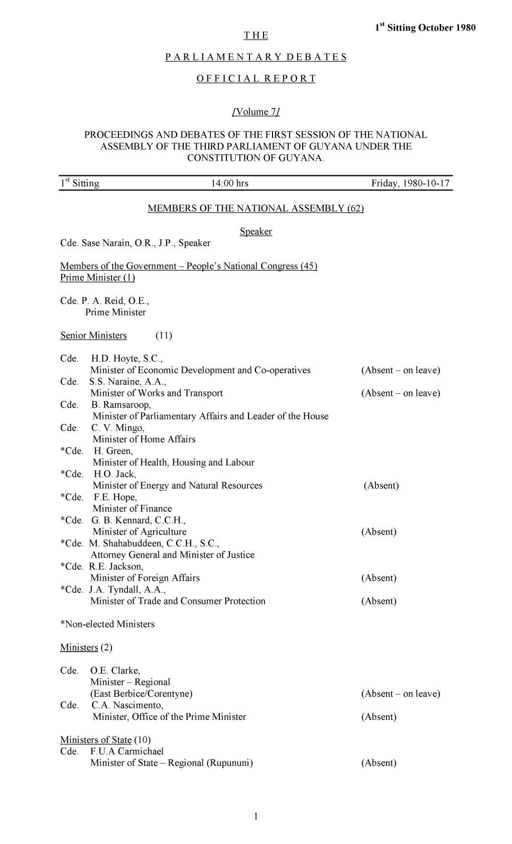 THE 1St Sitting October 1980 PARLIAMENTARYDEBATESO