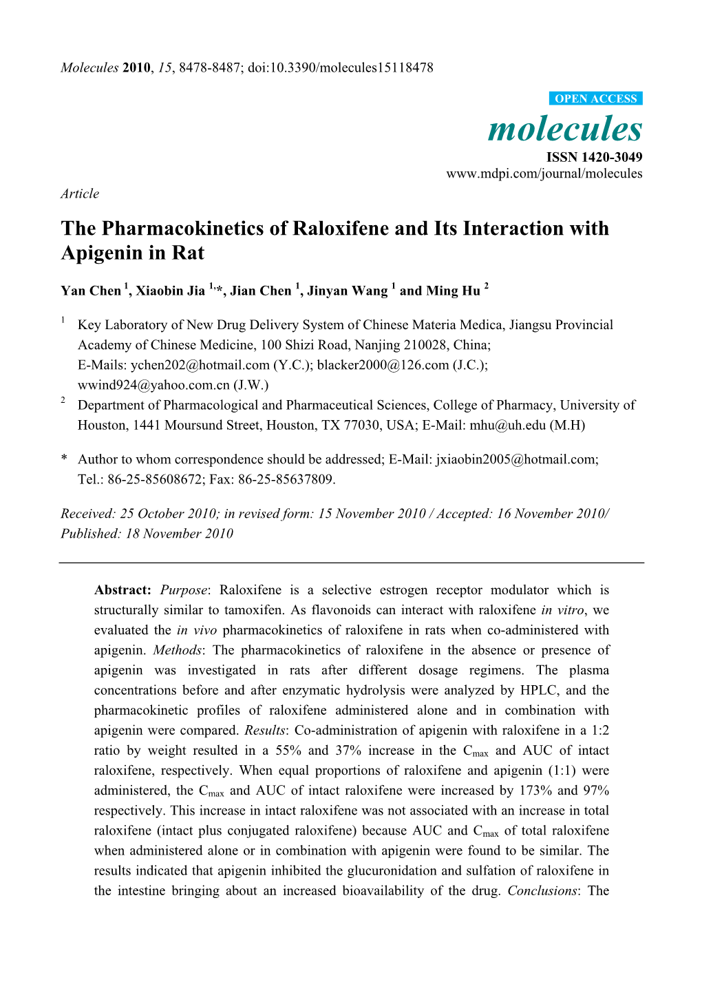 The Pharmacokinetics of Raloxifene and Its Interaction with Apigenin in Rat