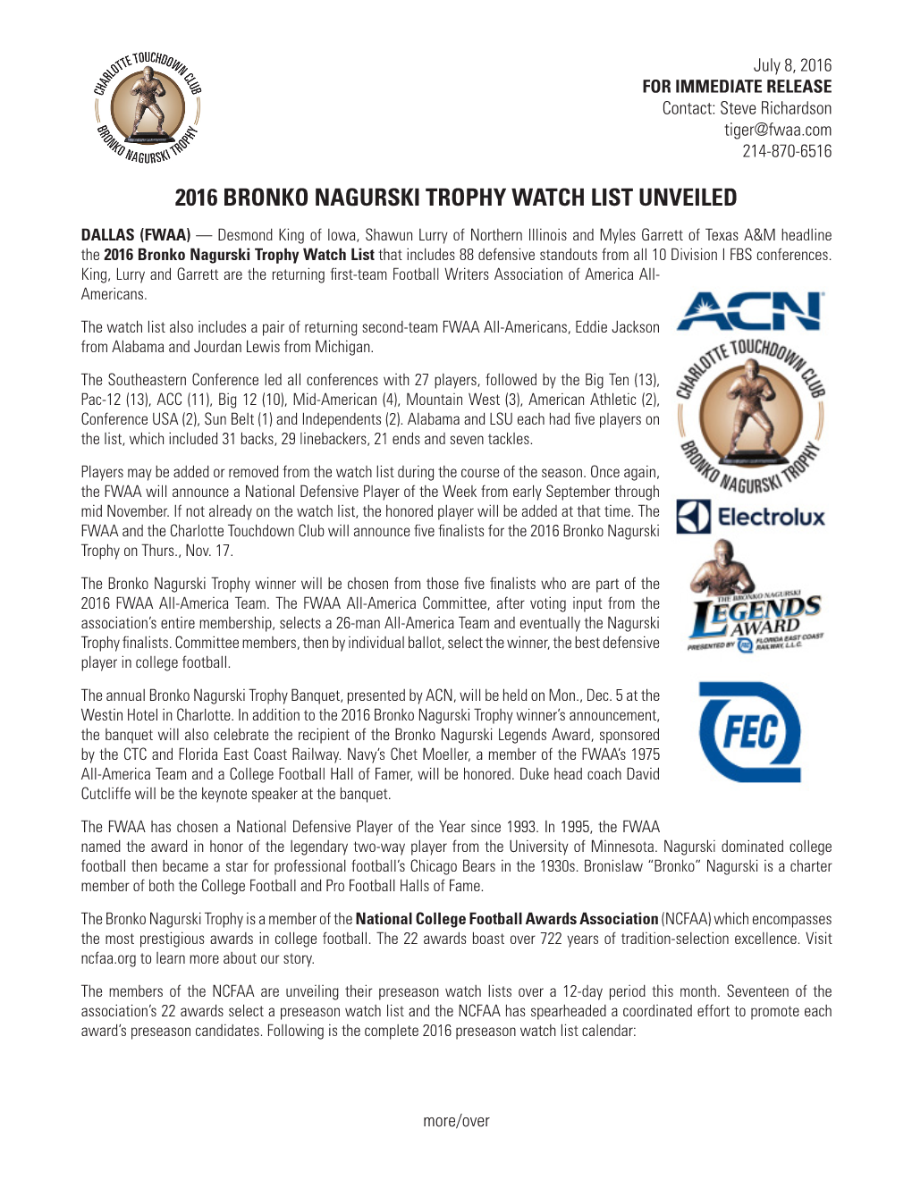 2016 Bronko Nagurski Trophy Watch List Unveiled