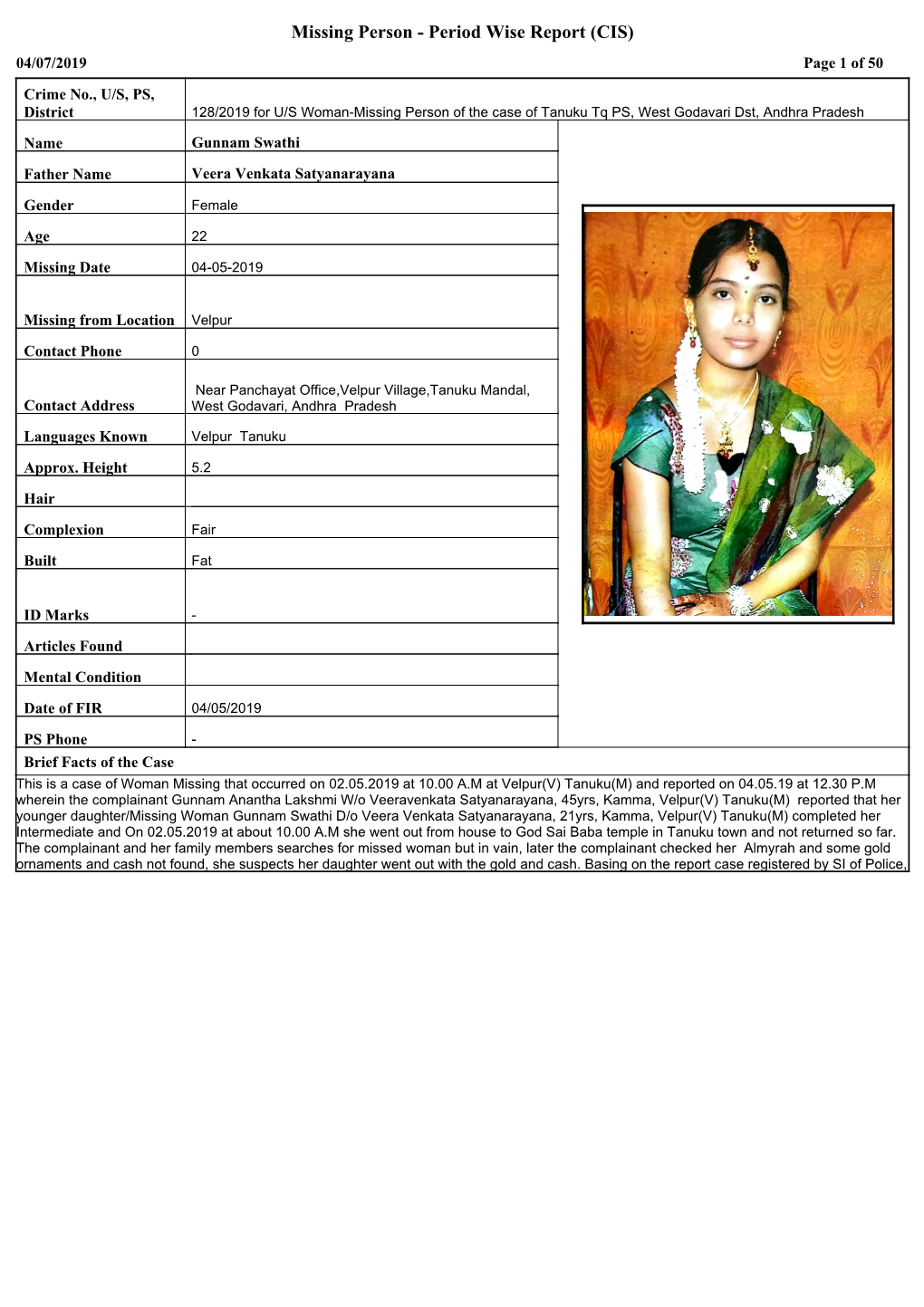 Missing Person - Period Wise Report (CIS) 04/07/2019 Page 1 of 50