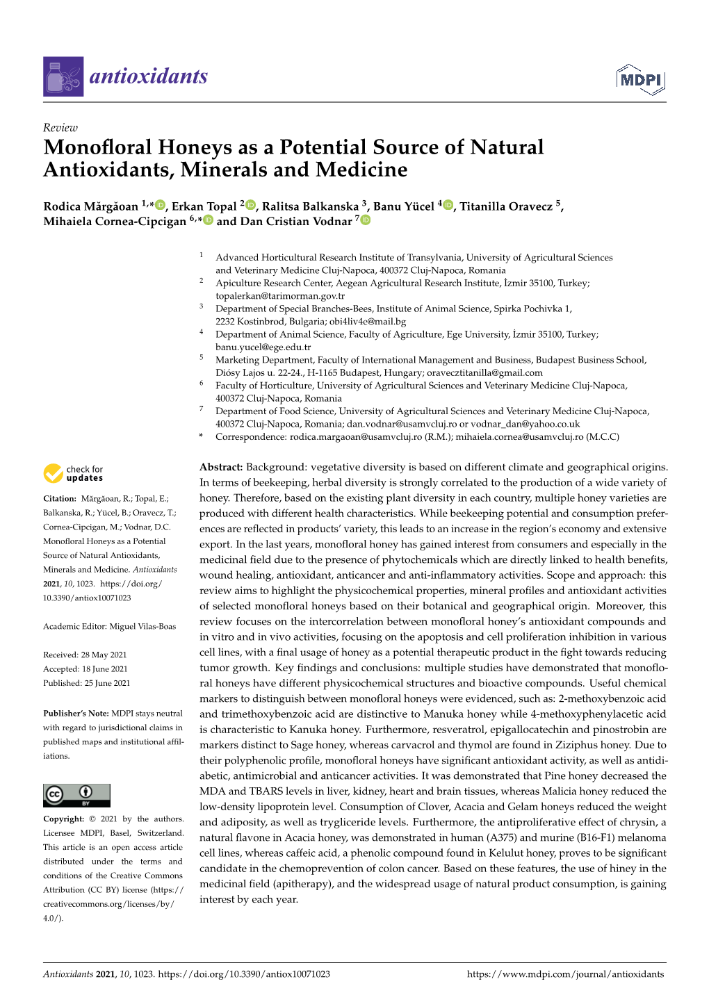 Monofloral Honeys As a Potential Source of Natural Antioxidants