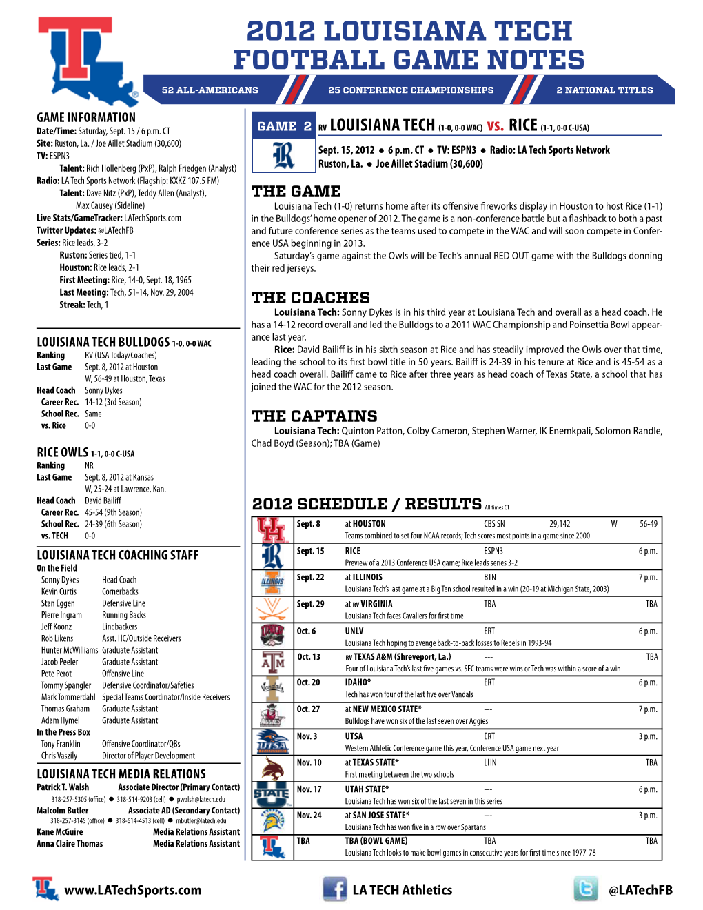 2012 Louisiana Tech Football Game Notes 52 All-Americans 25 Conference Championships 2 National Titles