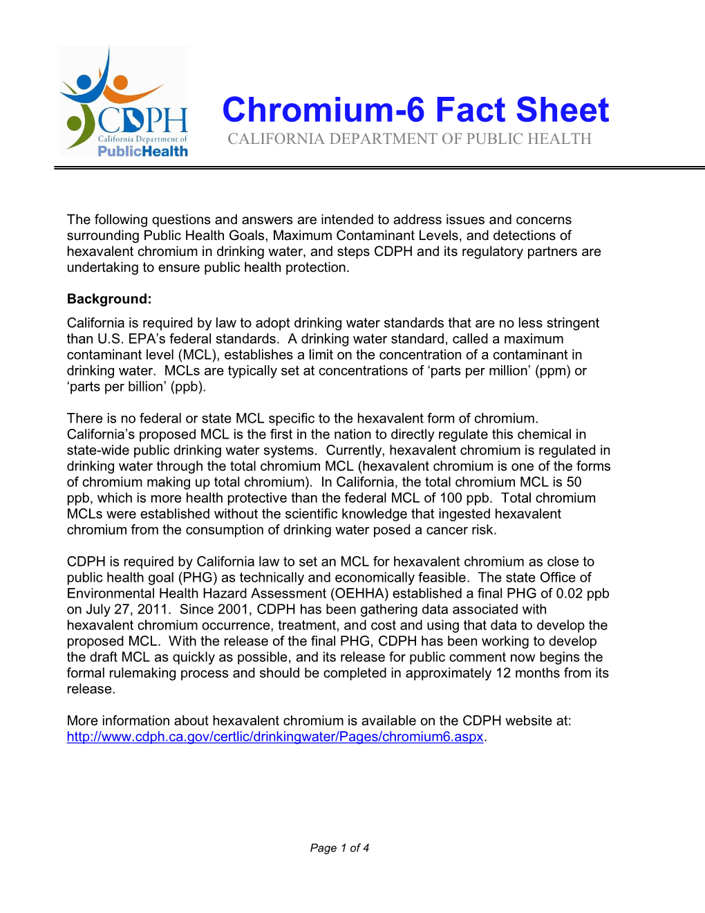 Chromium-6 Fact Sheet CALIFORNIA DEPARTMENT of PUBLIC HEALTH