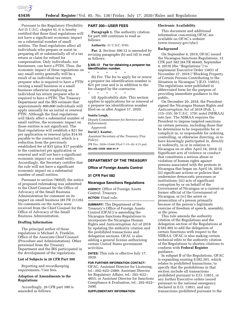 Federal Register/Vol. 85, No. 138/Friday, July 17, 2020/Rules