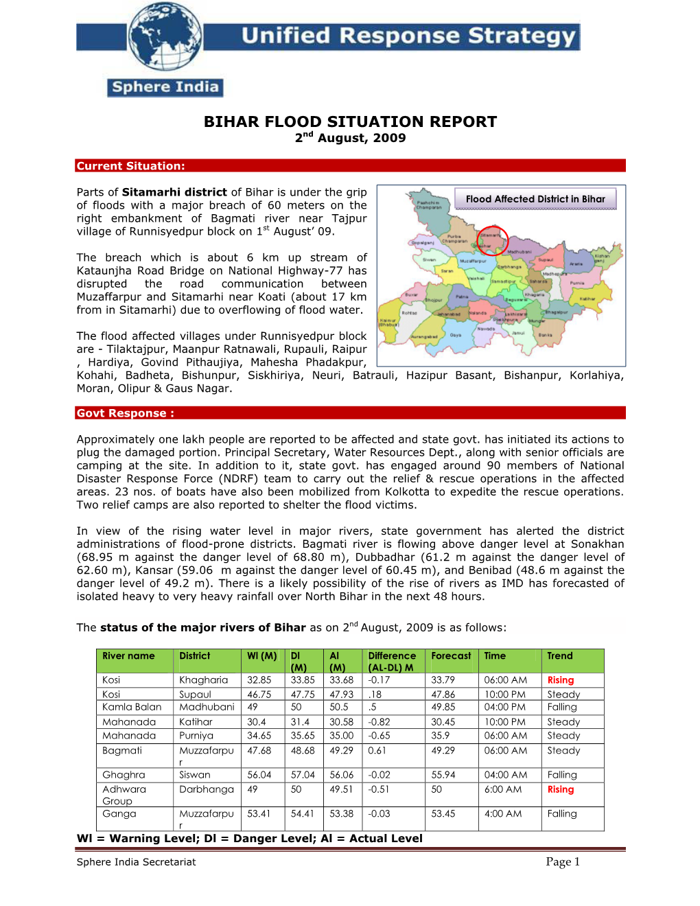 BIHAR FLOOD SITUATION REPORT 2Nd August, 2009