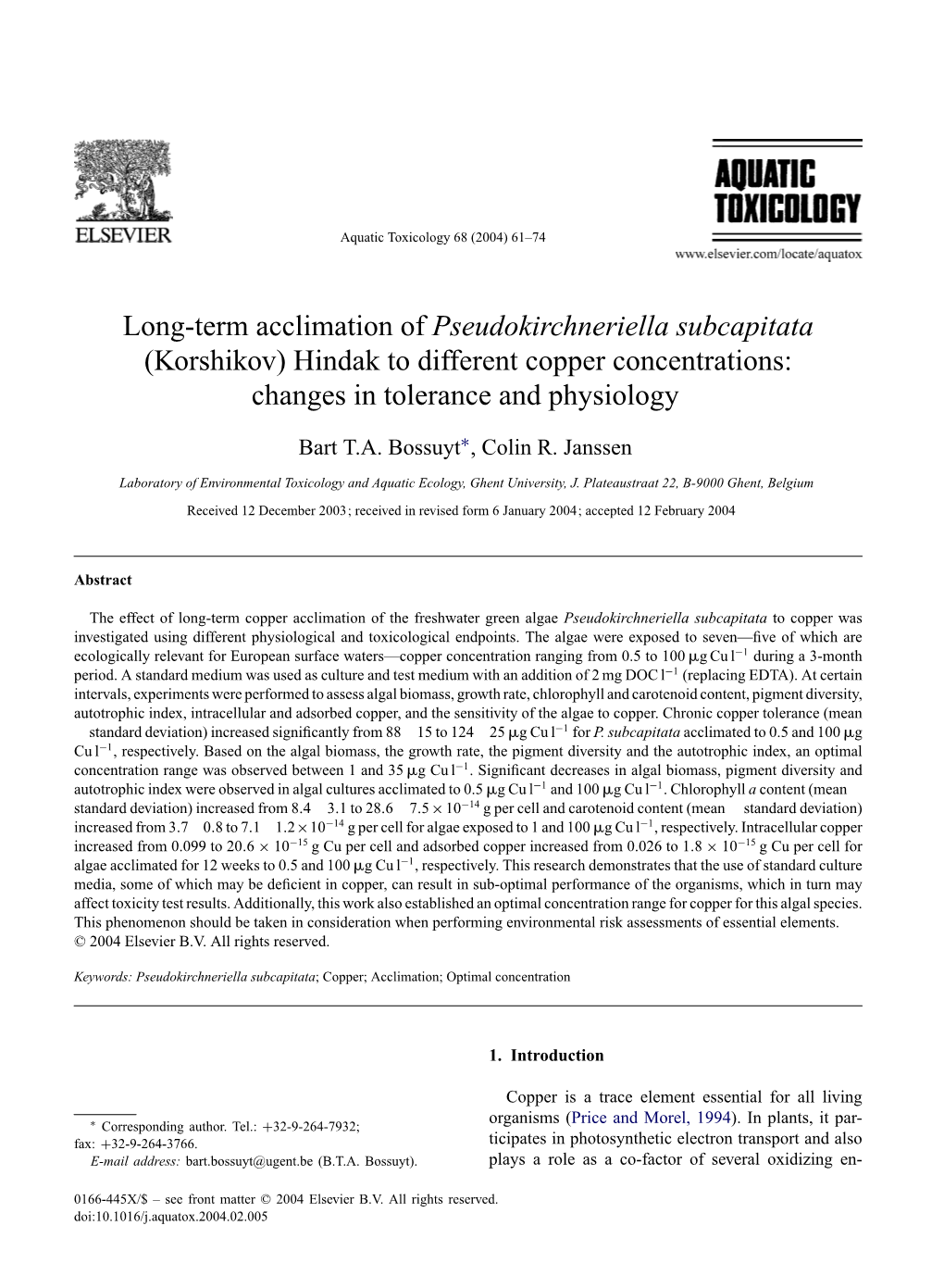 Long-Term Acclimation of Pseudokirchneriella Subcapitata (Korshikov) Hindak to Different Copper Concentrations: Changes in Tolerance and Physiology