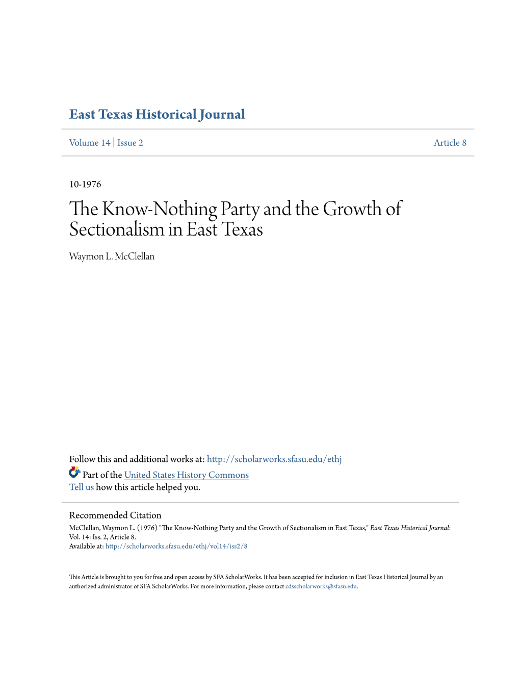 The Know-Nothing Party and the Growth of Sectionalism in East Texas Waymon L