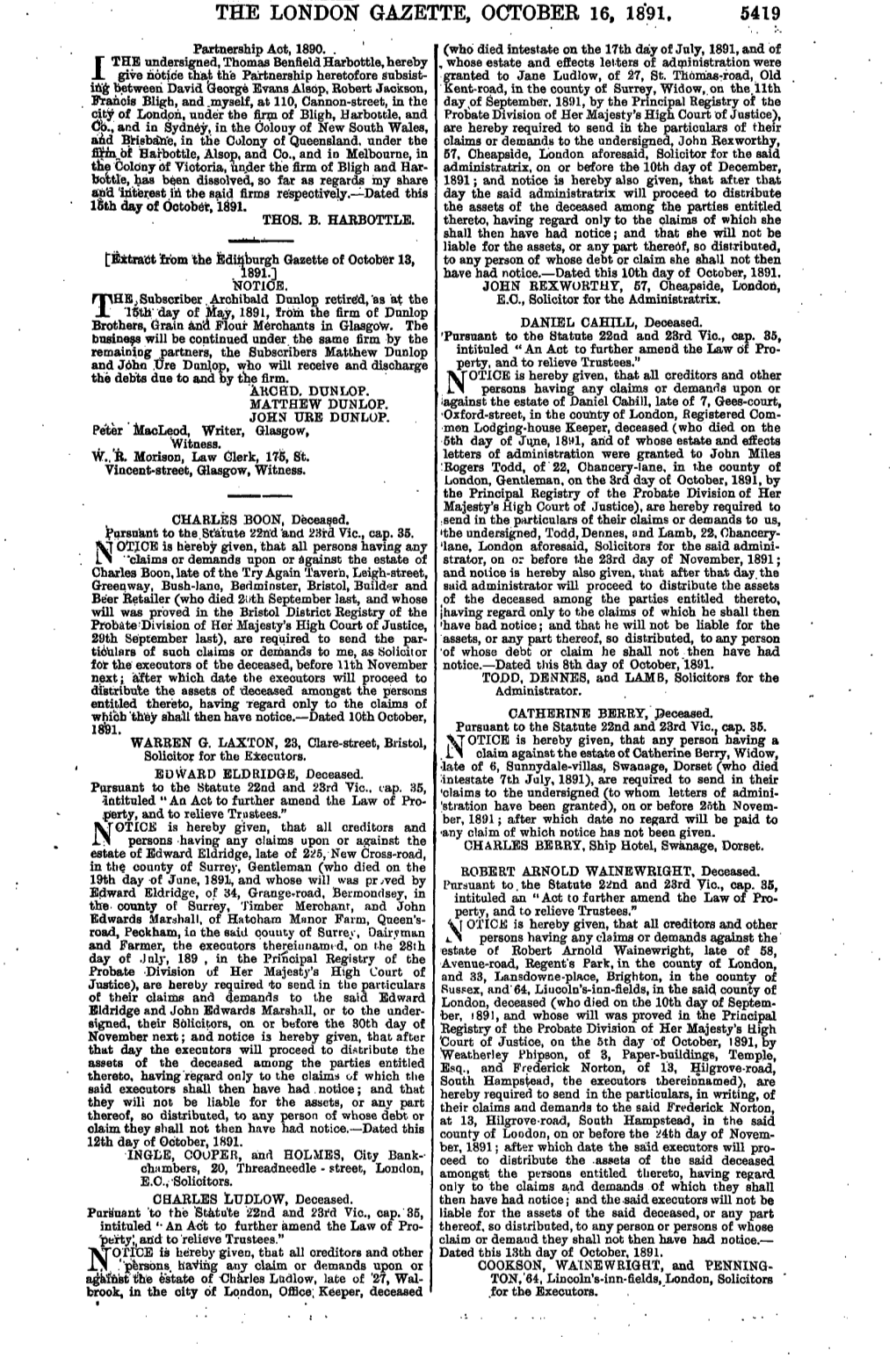 The London Gazette, Octobeb 16, 1891. 5419 Akckd. Dunlop