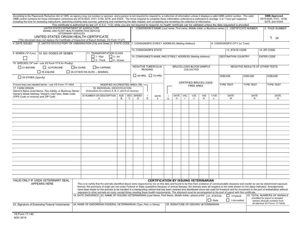 United States Origin Health Certificate Certification By