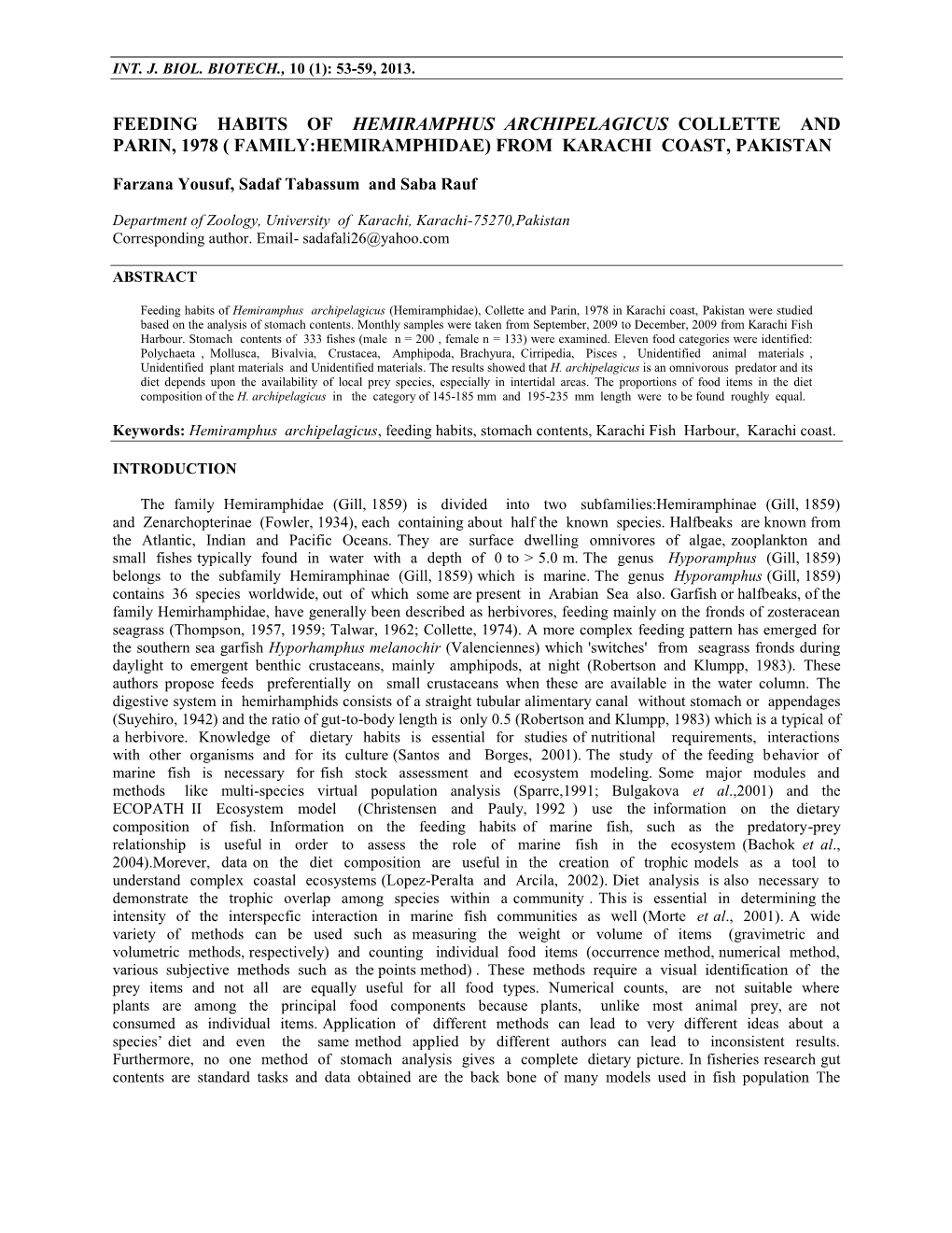 Feeding Habits of Hemiramphus Archipelagicus Collette and Parin, 1978 ( Family:Hemiramphidae) from Karachi Coast, Pakistan