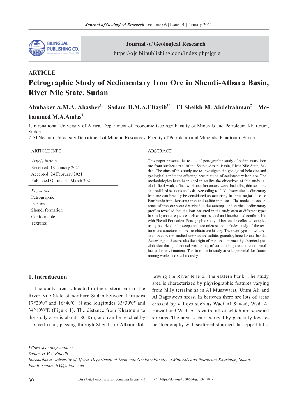 Petrographic Study of Sedimentary Iron Ore in Shendi-Atbara Basin, River Nile State, Sudan