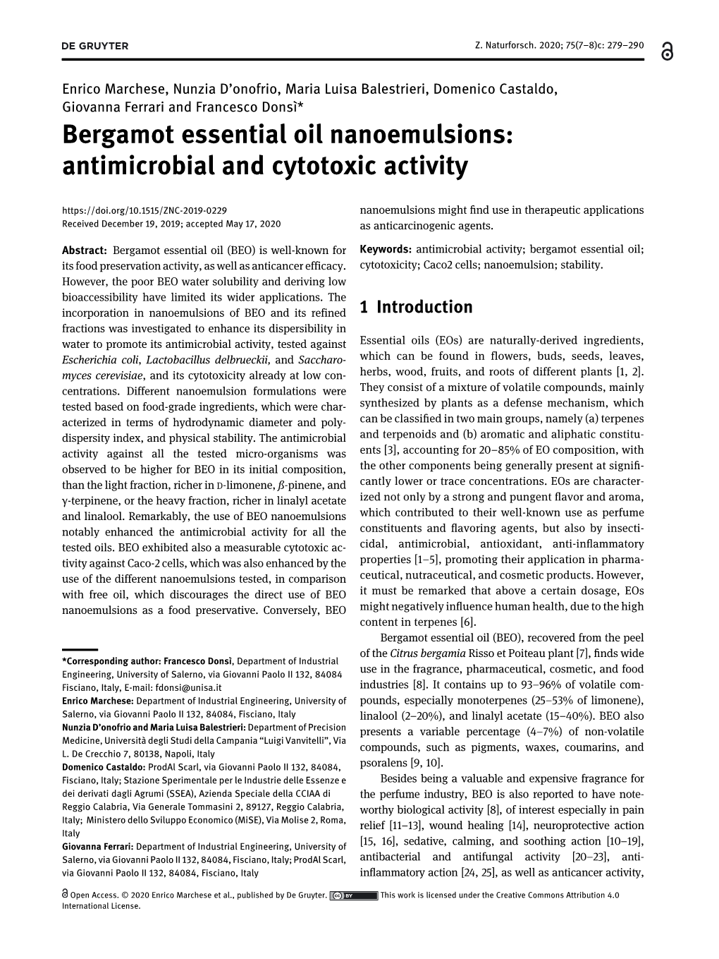 Bergamot Essential Oil Nanoemulsions: Antimicrobial and Cytotoxic Activity