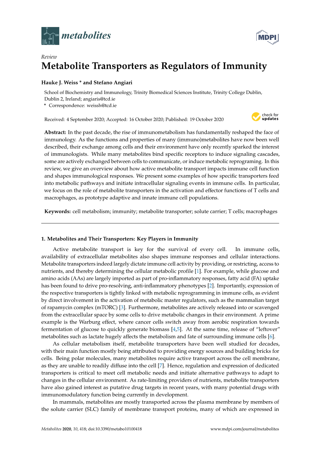 Metabolite Transporters As Regulators of Immunity