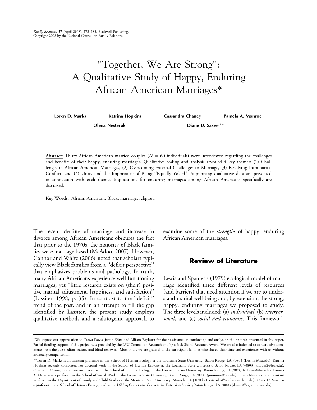 A Qualitative Study of Happy, Enduring African American Marriages*