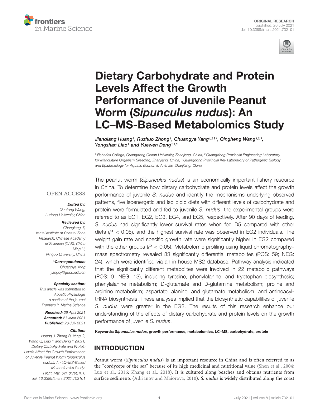 Sipunculus Nudus): an LC–MS-Based Metabolomics Study