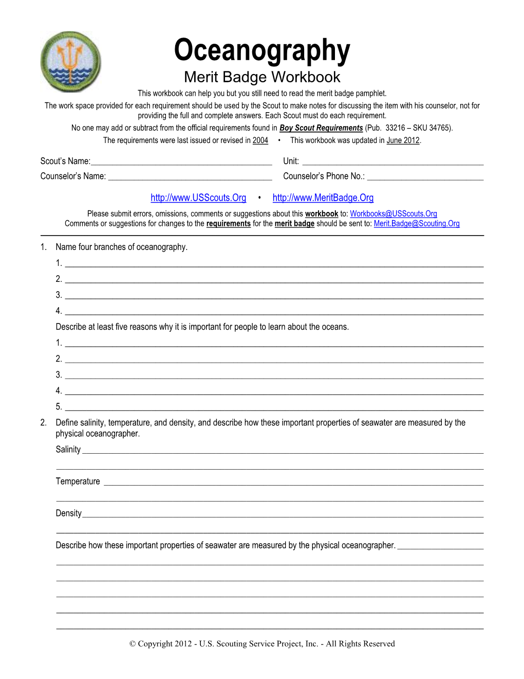 Oceanography Merit Badge Workbook This Workbook Can Help You but You Still Need to Read the Merit Badge Pamphlet