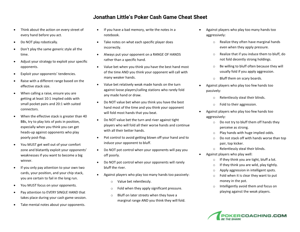 Jonathan Little's Poker Cash Game Cheatsheet
