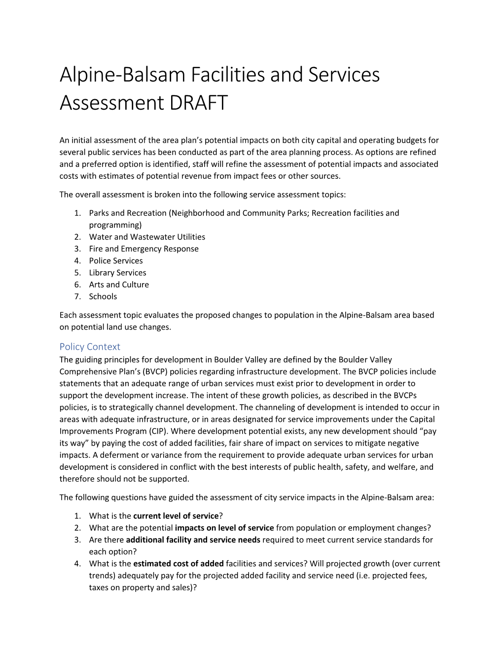 Alpine-Balsam Facilities and Services Assessment DRAFT