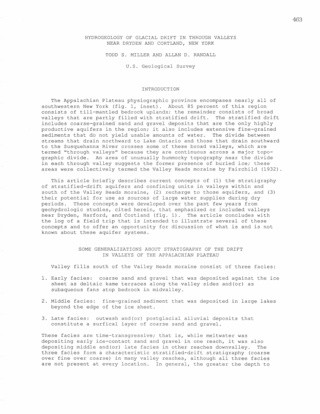 Hydrogeology of Glacial Drift in Through Valleys Near Dryden and Cortland, New York