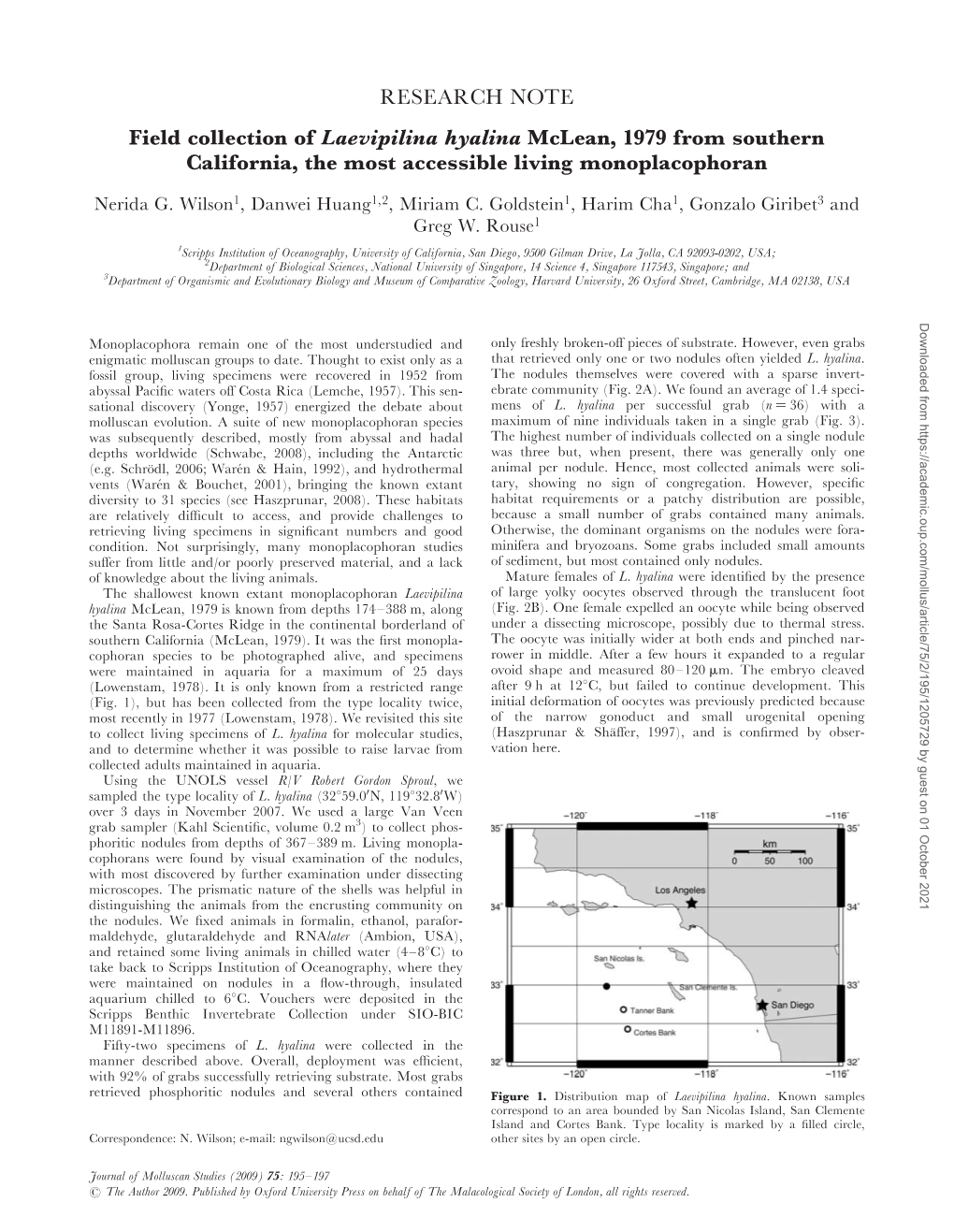 RESEARCH NOTE Field Collection of Laevipilina Hyalina Mclean, 1979 from Southern California, the Most Accessible Living Monoplacophoran