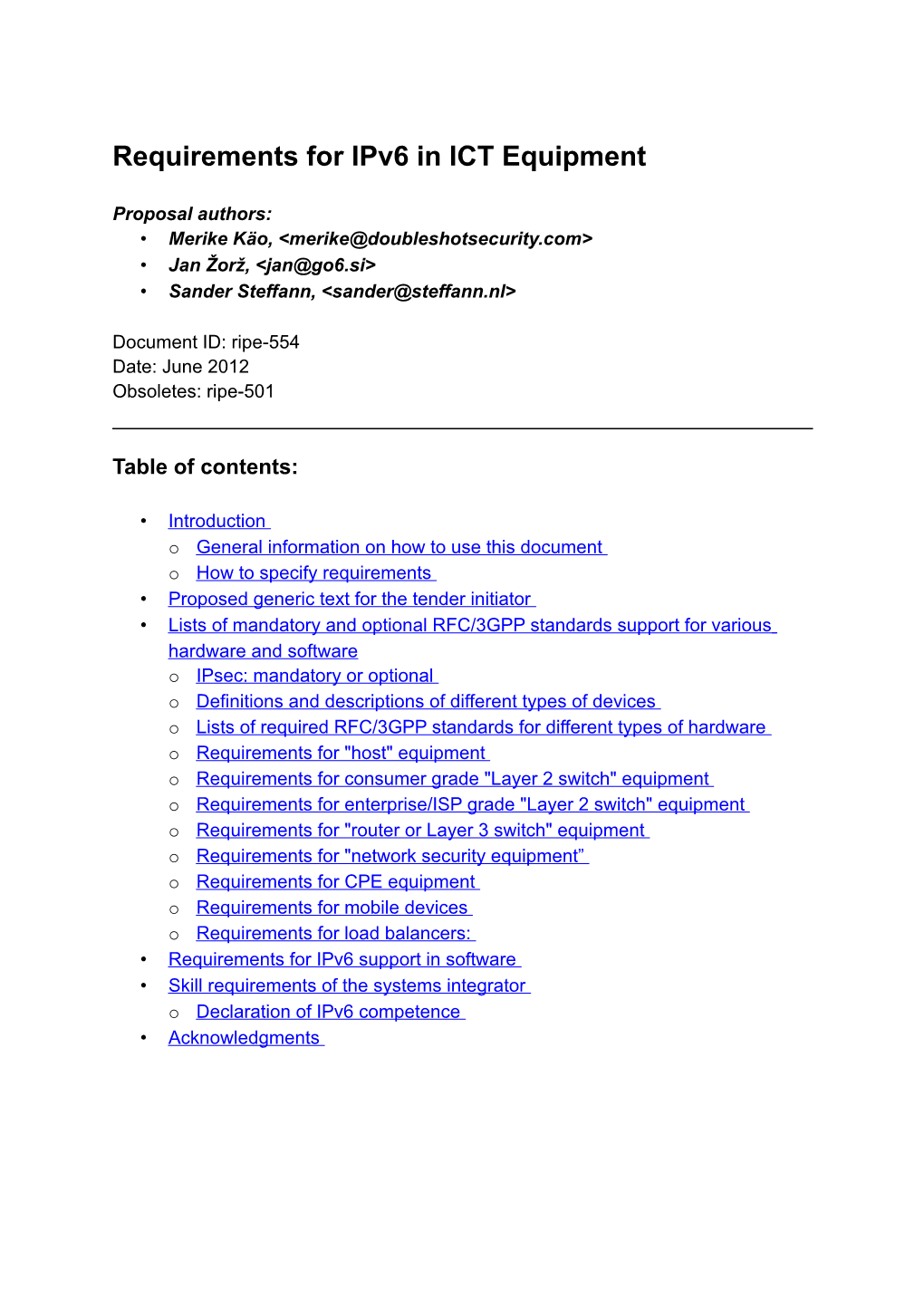 Requirements for Ipv6 in ICT Equipment