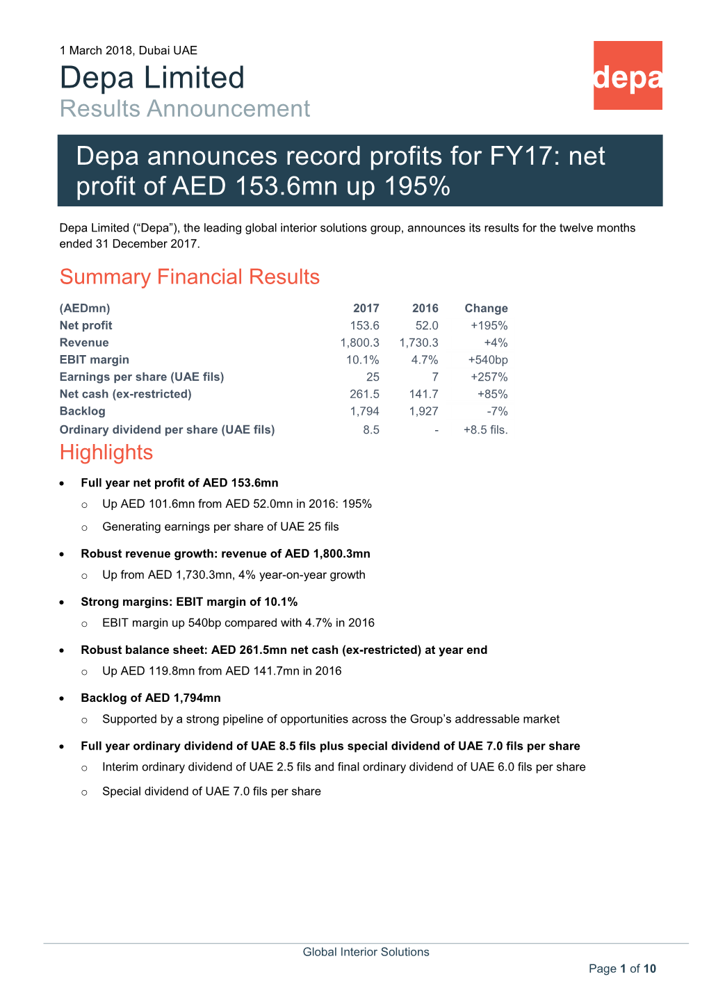 Depa Limited Results Announcement Depa Announces Record Profits for FY17: Net Profit of AED 153.6Mn up 195%