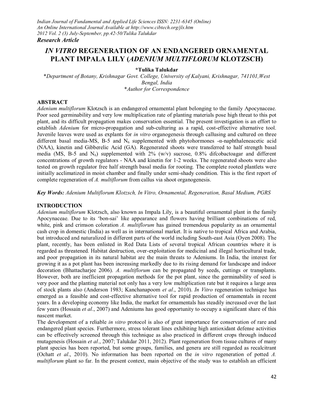 In Vitro Regeneration of an Endangered Ornamental Plant Impala Lily (Adenium Multiflorum Klotzsch)