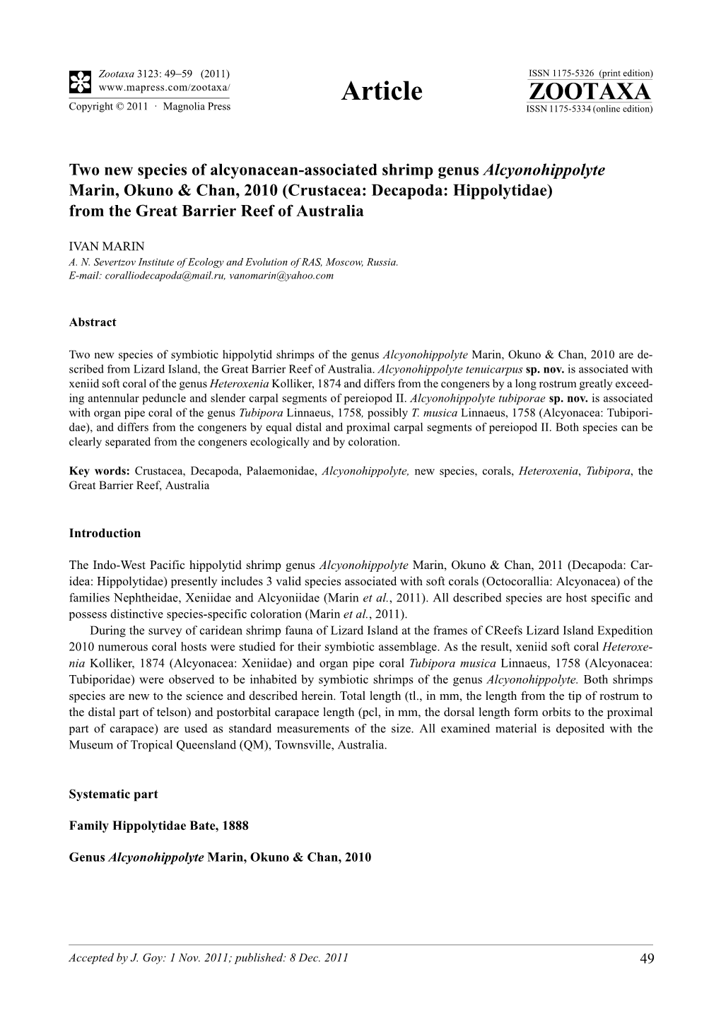 Two New Species of Alcyonacean-Associated Shrimp Genus Alcyonohippolyte Marin, Okuno & Chan, 2010 (Crustacea: Decapoda: Hipp