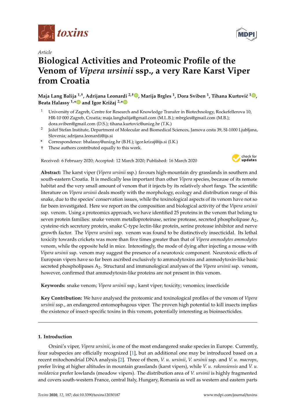 Biological Activities and Proteomic Profile of the Venom of Vipera