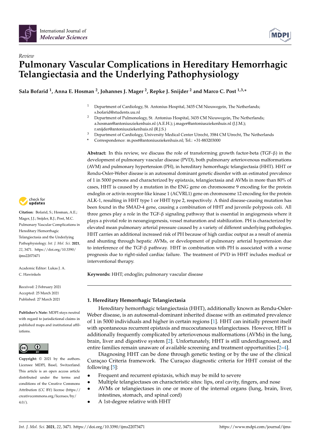 Pulmonary Vascular Complications in Hereditary Hemorrhagic Telangiectasia and the Underlying Pathophysiology