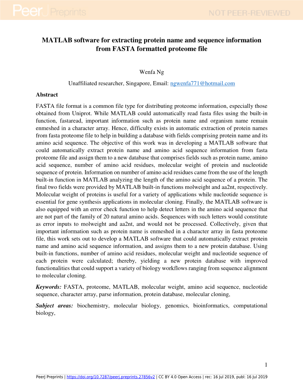 MATLAB Software for Extracting Protein Name and Sequence Information from FASTA Formatted Proteome File