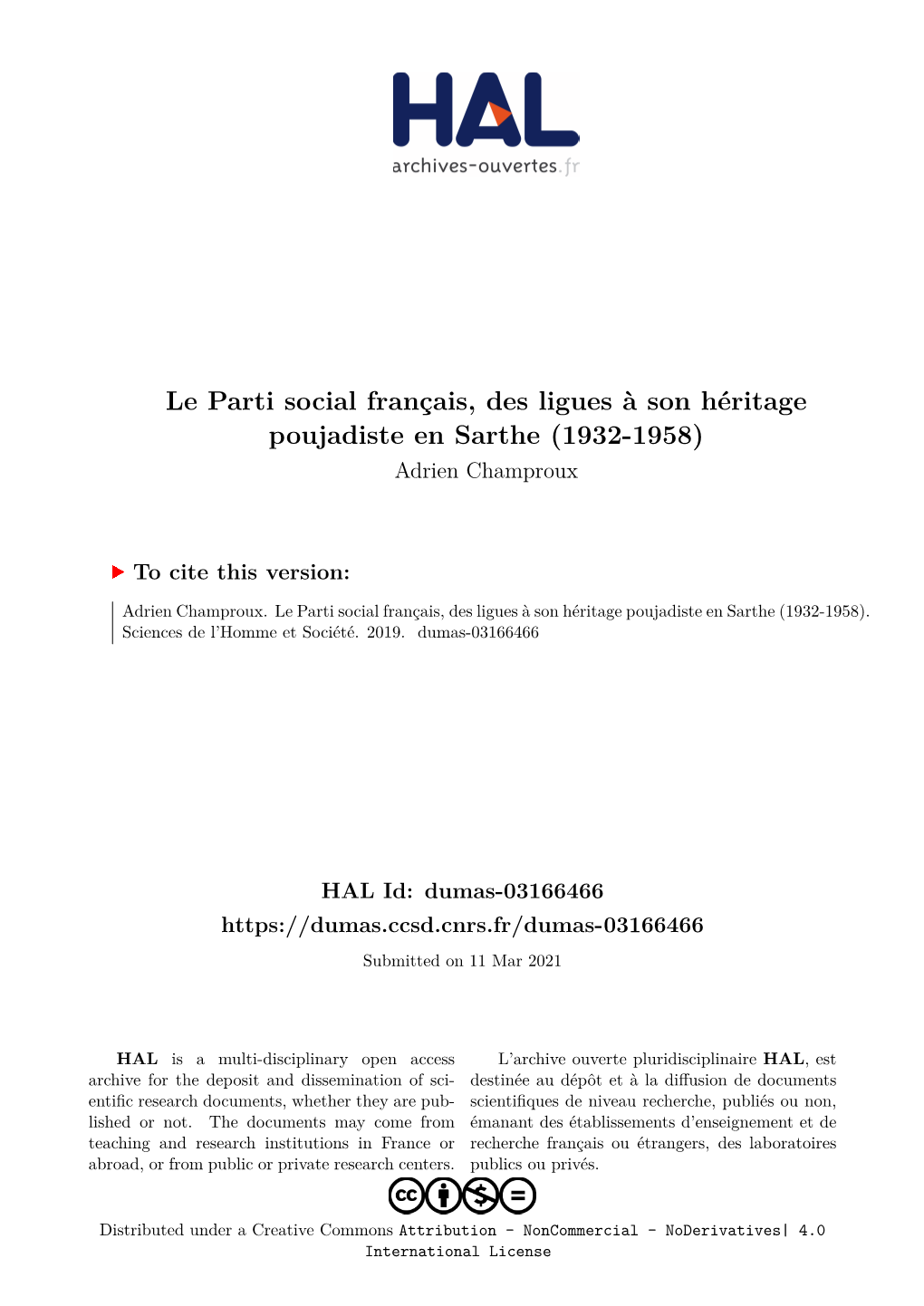 Le Parti Social Français, Des Ligues À Son Héritage Poujadiste En Sarthe (1932-1958) Adrien Champroux