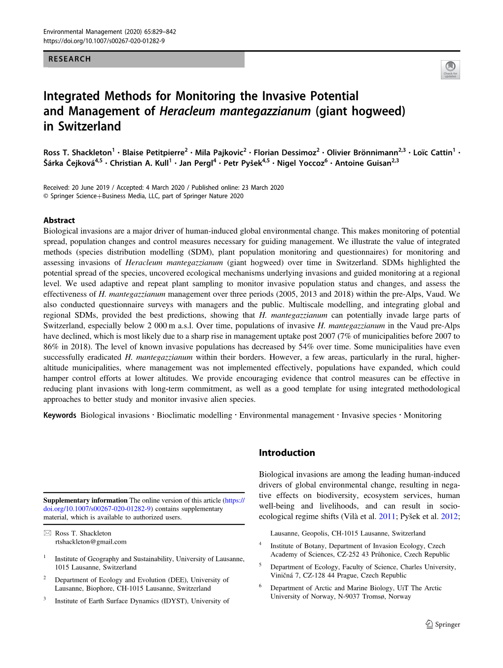 Integrated Methods for Monitoring the Invasive Potential and Management of Heracleum Mantegazzianum (Giant Hogweed) in Switzerland