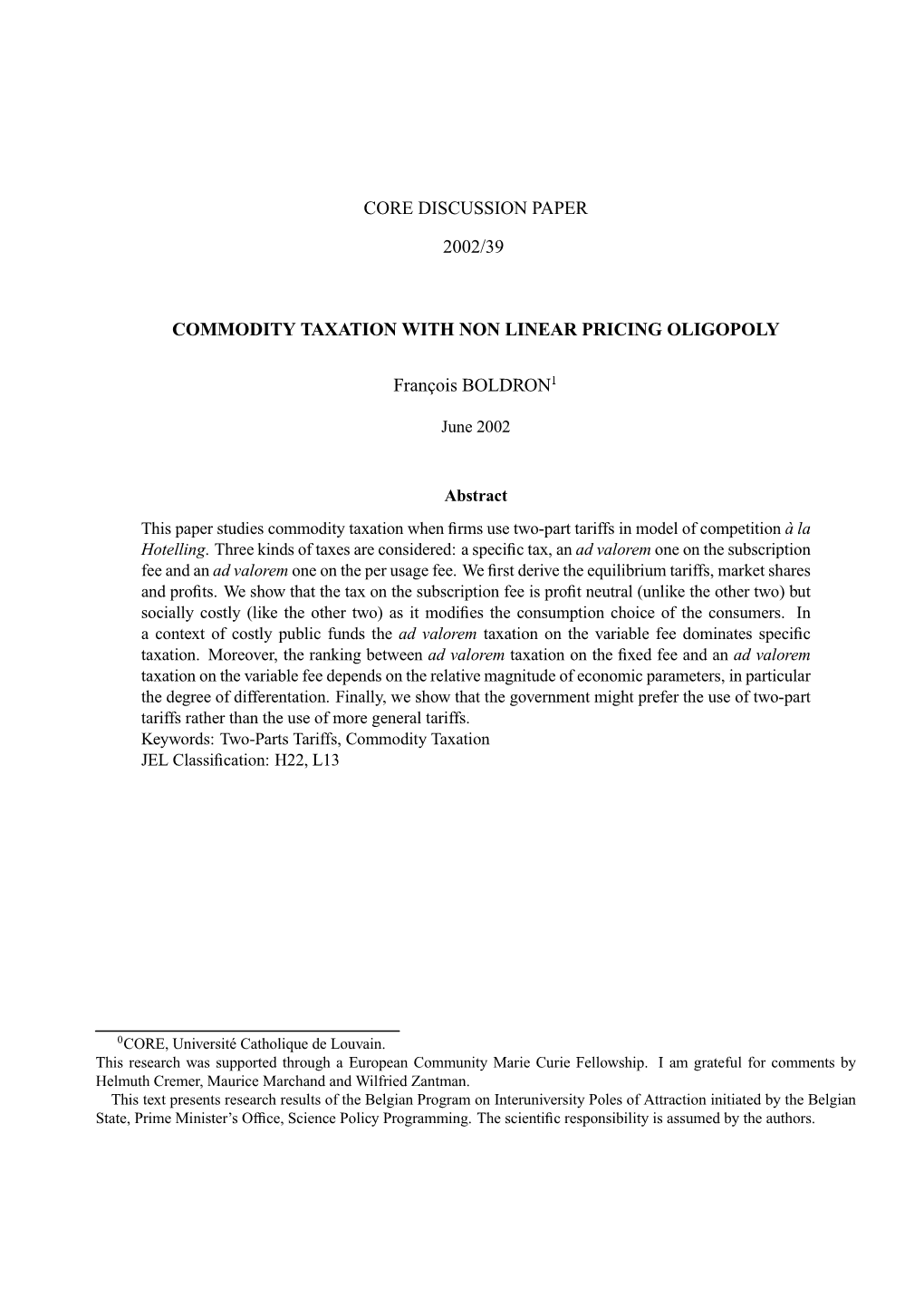 Core Discussion Paper 2002/39 Commodity Taxation With