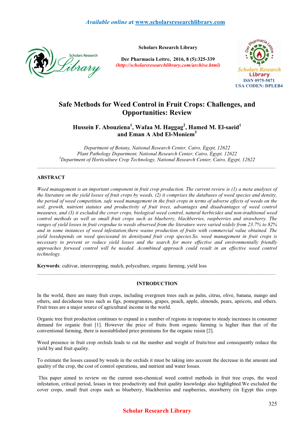 Safe Methods for Weed Control in Fruit Crops: Challenges, and Opportunities: Review