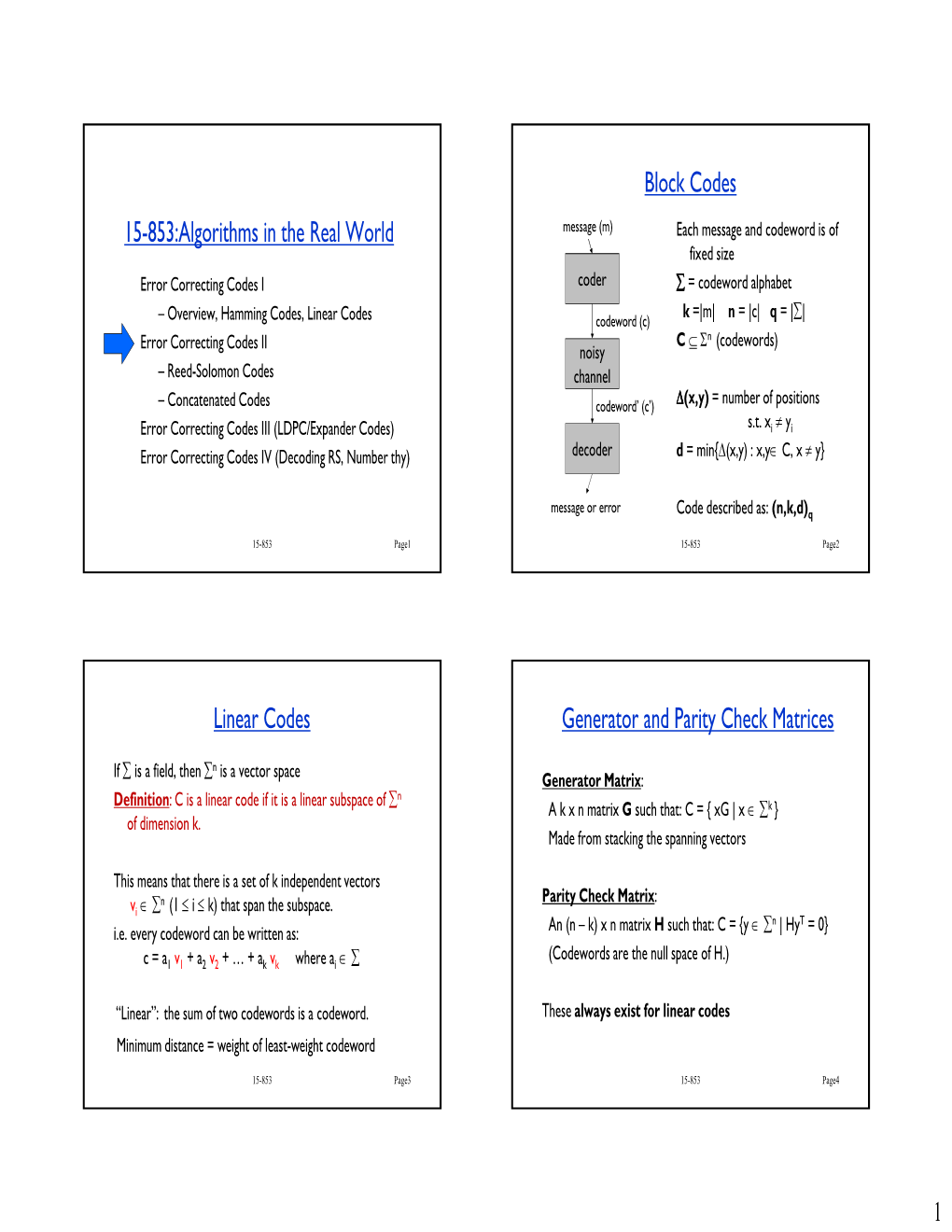 15-853:Algorithms in the Real World Block Codes Linear Codes