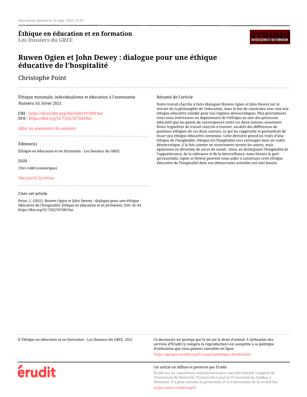 Ruwen Ogien Et John Dewey : Dialogue Pour Une Éthique Éducative De L’Hospitalité Christophe Point