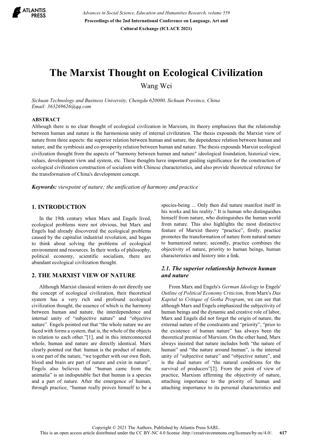 The Marxist Thought on Ecological Civilization Wang Wei